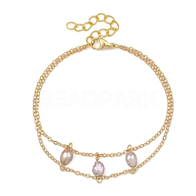 Brass Cable Chains & Rice Natural Cultured Freshwater Pearl Double Layers Bracelets for Women BJEW-JB14135-01-1
