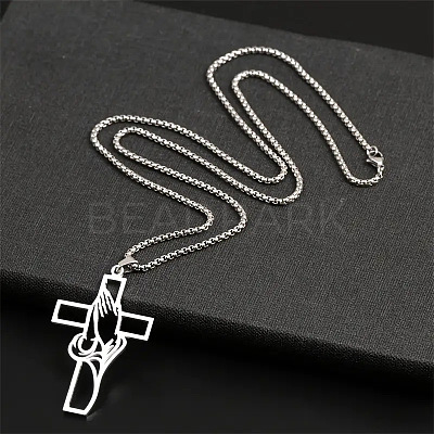 Hollow Cut Cross with Praying Hand 201 Stainless Steel Pendant Necklaces for Men FS-WG70CE0-01-1