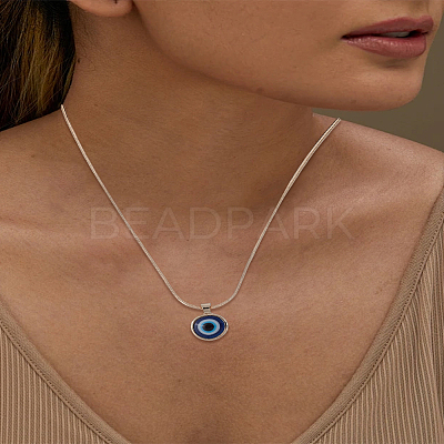 1Pc Blue Evil Eye Resin Pendant Alloy Flat Snake Chain Necklaces for Women Men NJEW-LP0003-25KCG-1