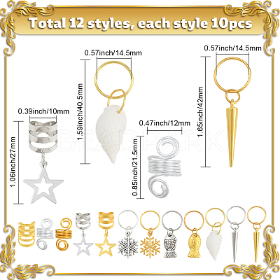 120Pcs 12 Styles Alloy & Iron Dreadlocks Hair Rings Decoration OHAR-SC0001-18A-1