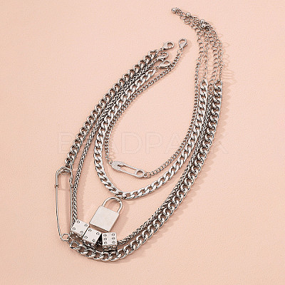 Alloy Lock Pendant Safety Pin Dice Chain Multi-Layered Necklaces FS-WG7F0DA-05-1