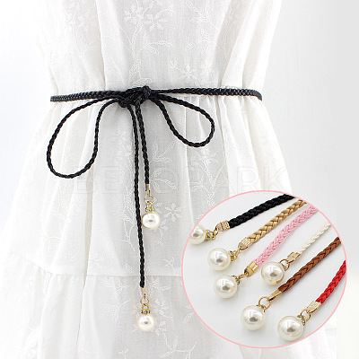 Imitation Leather Braided Belly Belt with Plastic Imitation Pearl Round Bead WG11EBA-03-1