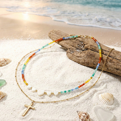 Summer Beach Rainbow Natural Mixed Stone and White Shell Heart Beaded Double Layer Necklaces with Stainless Steel Religion Cross Pendant EX6128-1-1