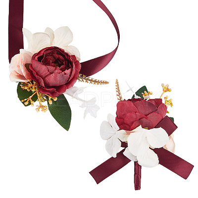 2Pcs 2 Style Silk Cloth Rose with Satin Ribbon Corsage Boutonniere & Wrist Corsages AJEW-CP0005-94-1