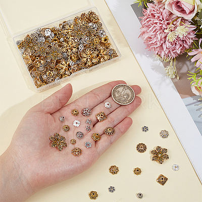 320Pcs 16 Styles Tibetan Style Alloy 4-Petal Bead Caps TIBE-PA0001-22-1