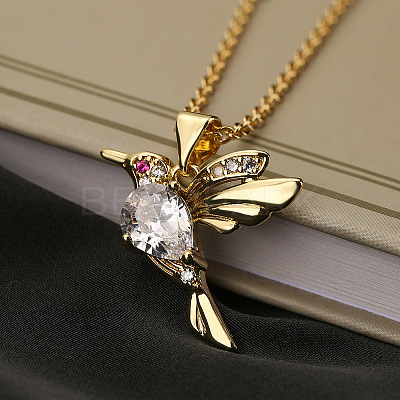 Brass Pave Cubic Zirconia Little Bird Pendant Necklaces FS-WG89328-03-1