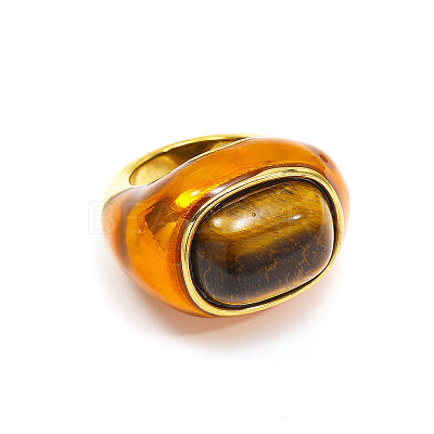 Oval 304 Stainless Steel with Natural Tiger Eye Finger Rings FS-WGC5475-04-1