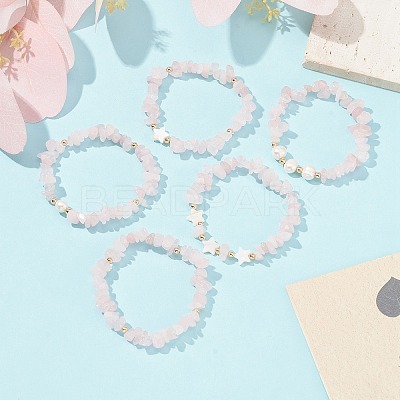 5Pcs 5 Style Natural Rose Quartz Chips Stretch Bracelets Set BJEW-JB09551-02-1