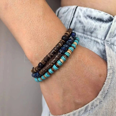 Synthetic Turquoise & Regalite & Coconut Shell Bead Stretch Bracelets Sets PW-WG7E5E9-01-1