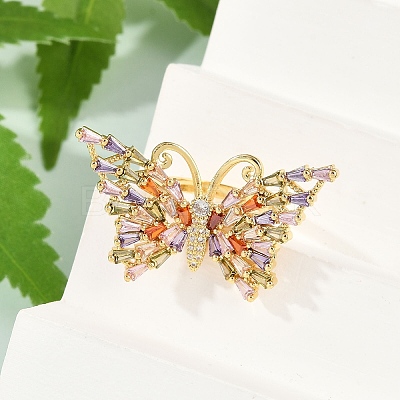 Butterfly Brass Micro Pave Colorful Cubic Zirconia Finger Rings for Women RJEW-G343-30G-01-1