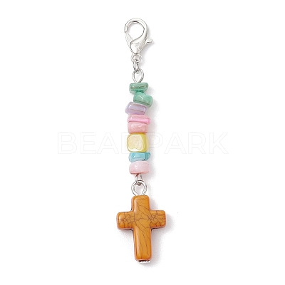 Synthetic Turquoise Cross with Natural Freshwater Shell Nuggets Pendant Decorations HJEW-JM04256-1