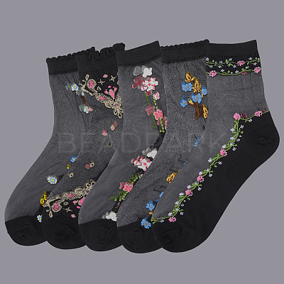 5Pairs Flower Chinlon Glass Silk Socks for Women AJEW-WH20088-007-1