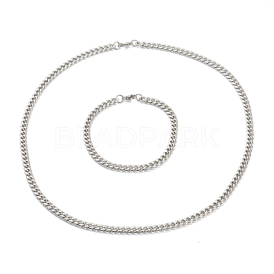 304 Stainless Steel Cuban Link Chain Bracelets & Necklaces Jewelry Sets SJEW-B019-03A-P-1