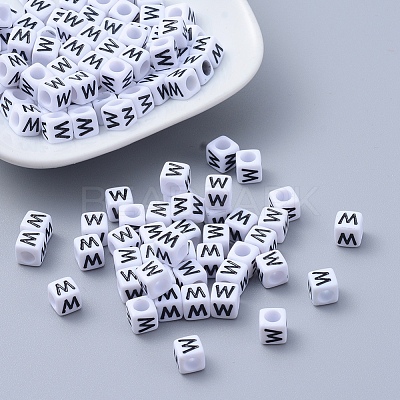 Letter W White Letter Acrylic Cube Beads X-PL37C9308-W-1