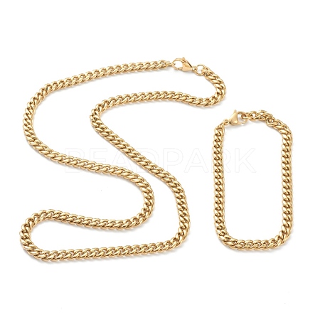 Ion Plating(IP) 304 Stainless Steel Cuban Link Chain Bracelets & Necklaces Jewelry Sets SJEW-B019-03A-G-1