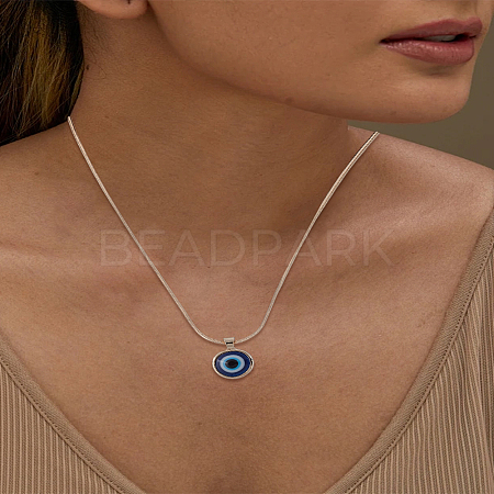 1Pc Blue Evil Eye Resin Pendant Alloy Flat Snake Chain Necklaces for Women Men NJEW-LP0003-25KCG-1