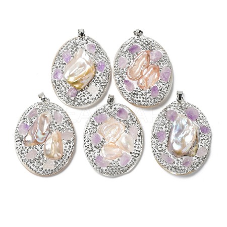 Baroque Natural Freshwater Shell Polymer Clay Rhinestone Big Pendants BSHE-P033-14B-1