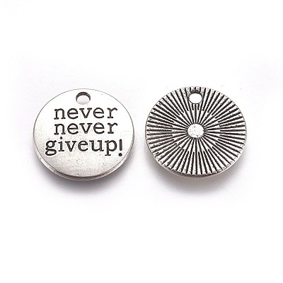 Tibetan Style Alloy Flat Round Carved Word Never Give Up Pendants LS-TIBEP-12585-AS-RS-1