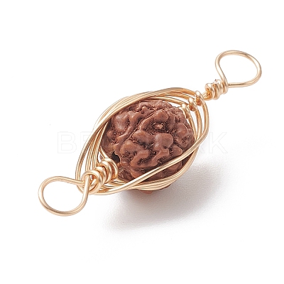Natural Rudraksha Copper Wire Wrapped Connector Charms PALLOY-JF02067-01-1