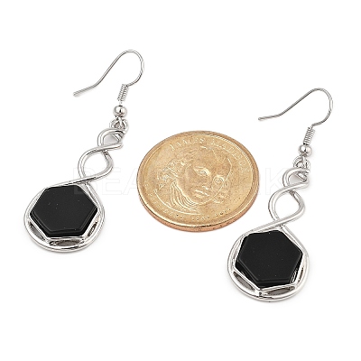 Hexagon Natural Obsidian Dangle Earrings EJEW-K298-01P-08-1