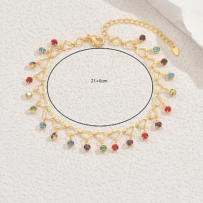 Summer Fashion Brass Heart Link Fringed Colorful Rhinestone Anklets for Women Beach Parties BX8171-1