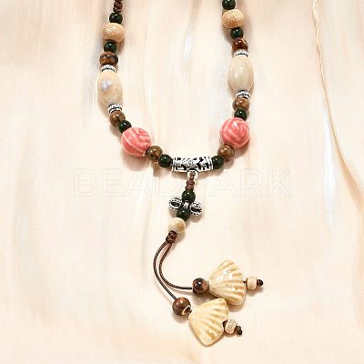 Ethnic Style Alloy & Porcelain Ceramic Beads Pendant Tassel Y Necklaces NJEW-D308-03A-1