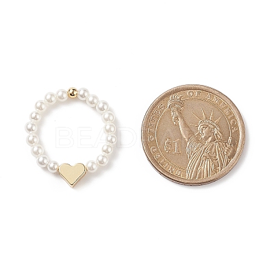 Shell Pearl & Brass Heart Beaded Stretch Rings for Women RJEW-TA00056-1