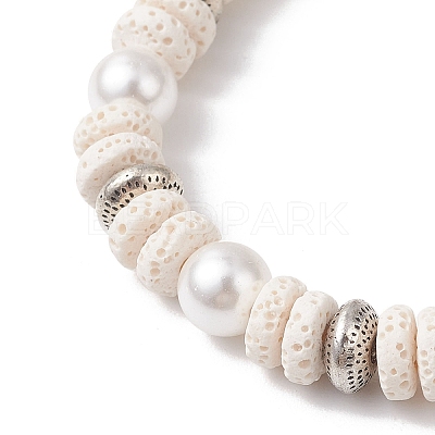 Flat Round Natural Lava Rock & Shell Pearl Beaded Stretch Bracelets for Women BJEW-JB12140-02-1
