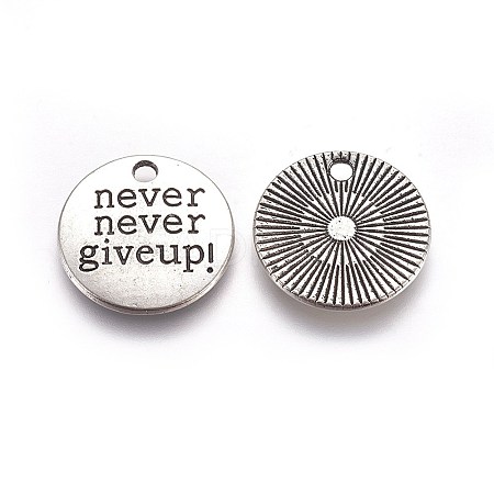 Tibetan Style Alloy Flat Round Carved Word Never Give Up Pendants LS-TIBEP-12585-AS-RS-1