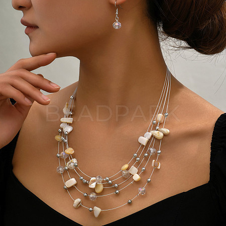 Bohemian Style Alloy & Shell Nuggets Beaded Multilayer Necklaces & Dangle Earrings Sets FS-WG9A8A7-04-1