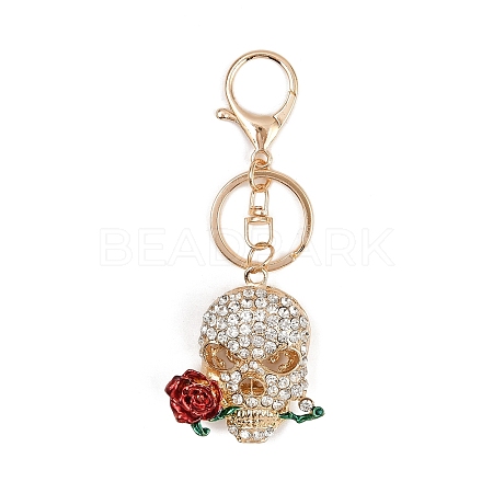 Skull with Rose Alloy Rhinestone Pendant Decoration Keychains KEYC-B019-02-1