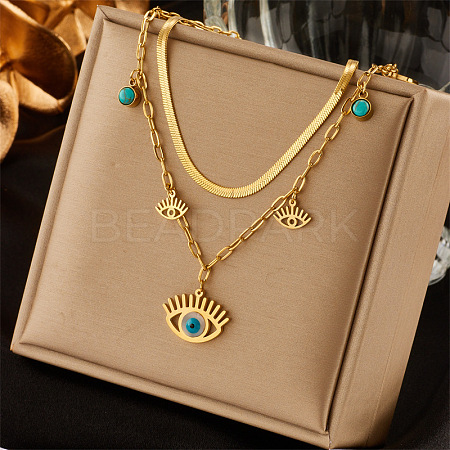 304 Stainless Steel & Synthetic Turquoise Pendant Double Layer Necklaces for Women FS-WG34384-02-1
