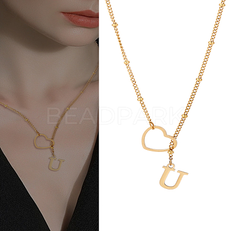 1Pc Letter & Heart Stainless Steel Lariat Necklaces for Women NJEW-LP0002-87G-U-1