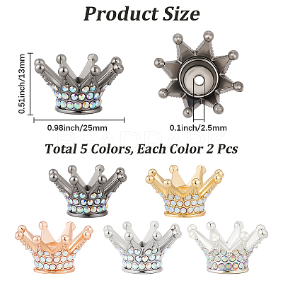 10Pcs 5 Colors Alloy Rhinestone Crown Beads FIND-PA0001-33-1