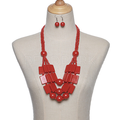 Wood Rectangle & Round Beaded Multilayer Necklaces & Dangle Earrings Sets FS-WG1E68D-03-1