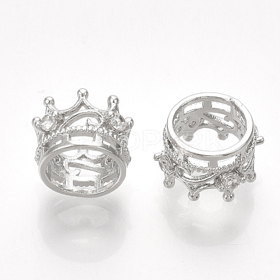 Brass with Clear Cubic Zirconia Crown European Beads KK-T035-122-1