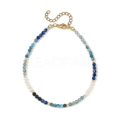 Gradient Faceted Round Natural Mixed Stone & Potato Natural Pearl Beaded Anklets AJEW-AN00873-03-1