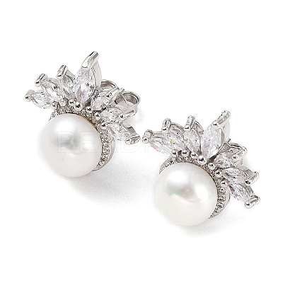 Anti-Tarnish Cubic Zirconia Flower with Natural Pearl Stud Earrings EJEW-F318-08P-1