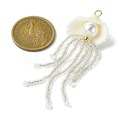Natural Clam Shell & Glass Pearl & Glass Seed Beaded Big Pendants PALLOY-MZ00298-01-1