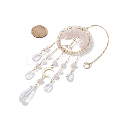 Natural Rose Quartz Copper Wire Wrapped Tree of Life Hanging Ornaments HJEW-TA00110-1