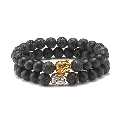 2Pcs 2 Color Natural Lava Rock & Synthetic Black Stone Stretch Bracelets Set with Buddha Head BJEW-JB07707-1
