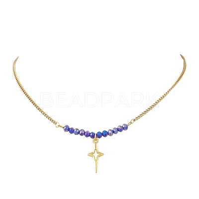Electroplate Glass Faceted Rondelle Beaded Alloy Pendant 304 Stainless Steel Curb Chain Necklaces for Women NJEW-JN05764-01-1