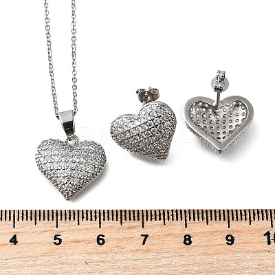 Heart Brass Micro Pave Cubic Zirconia Stud Earrings & Pendant Necklaces Sets SJEW-Z002-05P-1