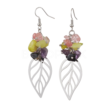 Leaf 201 Stainless Steel Natural Amethyst & Natural Lemon Jade & Natural Tourmaline & Synthetic Cherry Quartz Chip Dangle Earrings EJEW-JE06138-04-1