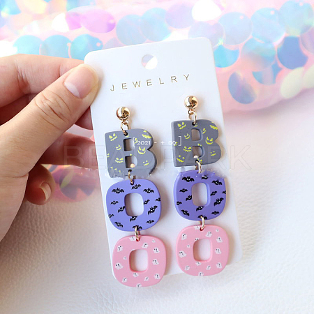 Halloween BOO Word Acrylic Dangle Stud Earrings FS-WG95590-02-1