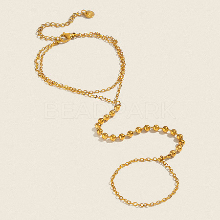 304 Stainless Steel 2-Strand Hand Chain Ring Bracelets with Round Ball for Women HZ7665-1