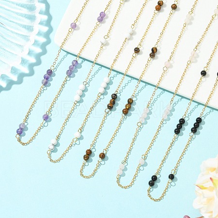5MM Round Natural Mixed Stone Beads Brass Cable Chain Necklaces for Women NJEW-JN06378-1