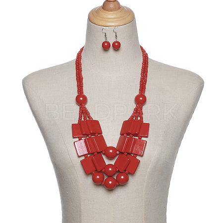Wood Rectangle & Round Beaded Multilayer Necklaces & Dangle Earrings Sets FS-WG1E68D-03-1