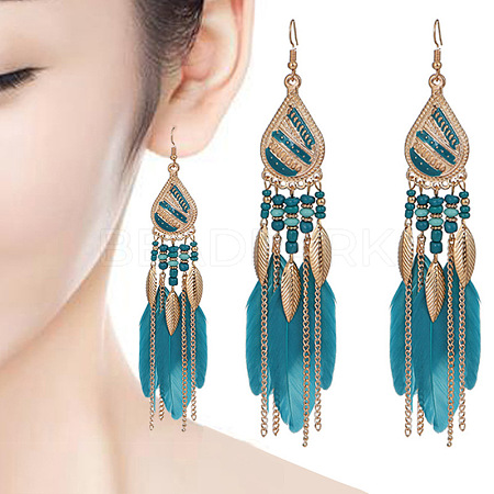 Feather Alloy Seed Beads Dangle Earrings FS-WGA085C-09-1