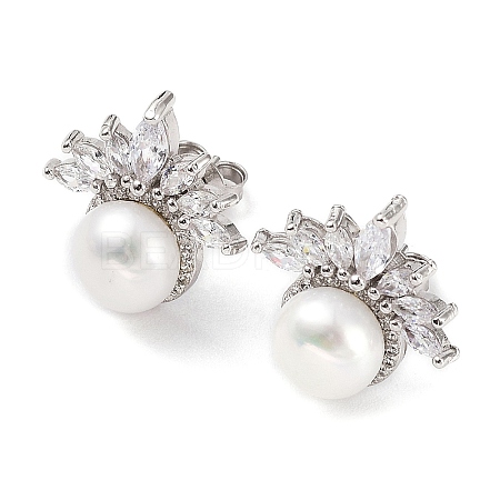 Anti-Tarnish Cubic Zirconia Flower with Natural Pearl Stud Earrings EJEW-F318-08P-1